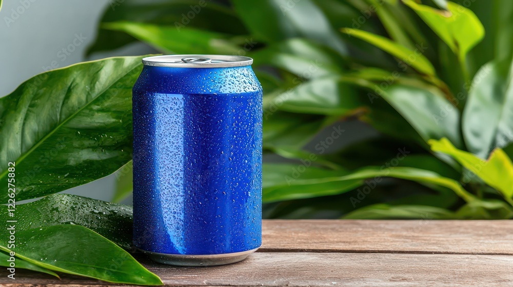 Fototapeta premium A blue beverage can sits on a wooden surface surrounded by green leaves.