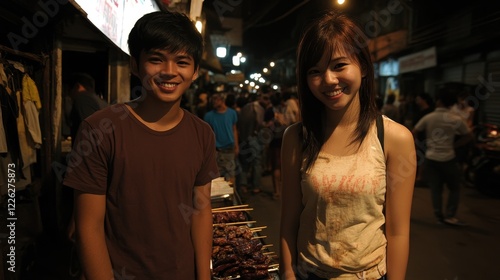 Young Couple Smiling Night Market Street Food