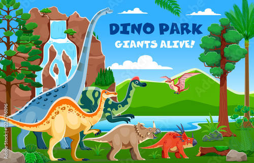 Dino park landscape with cartoon prehistoric dinosaur characters in forest with mountain waterfall. Dino park vector poster, cute titanosauria, styracosaurus, centrosaurus and pteranodon dinosaurs