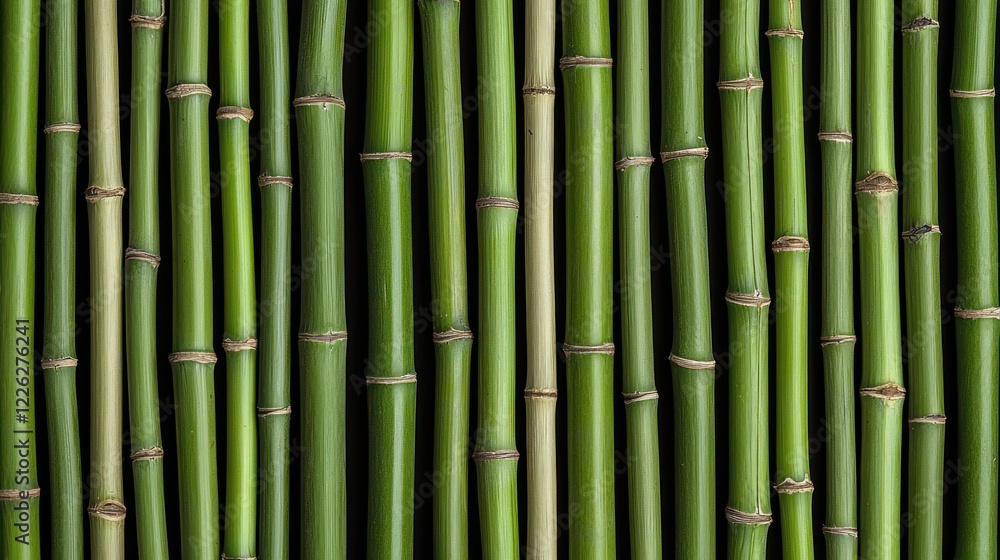 A close-up view of green bamboo stalks arranged vertically. A close-up view of green bamboo stalks arranged vertically.