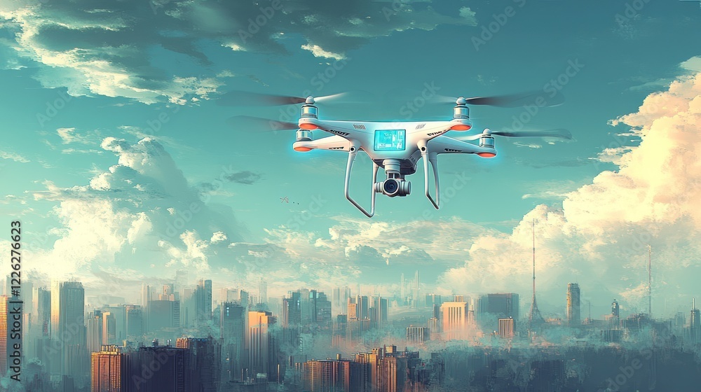 Obraz premium Drone flying over futuristic city, capturing aerial view.