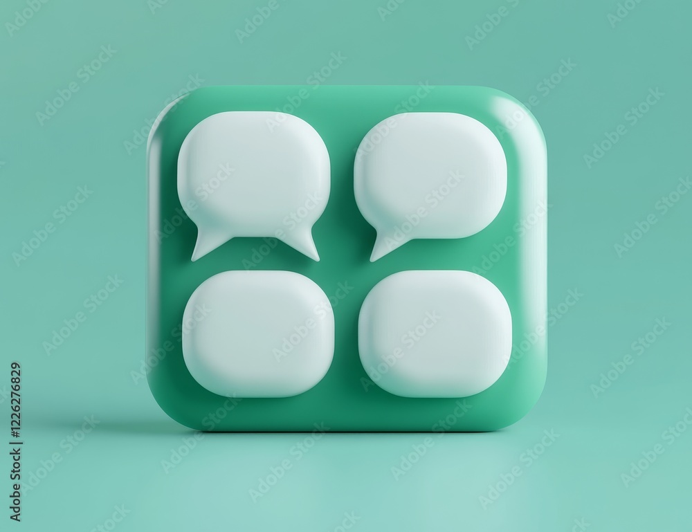 3D render of four blank speech bubbles in a square app icon. 3D render of four blank speech bubbles in a square app icon.