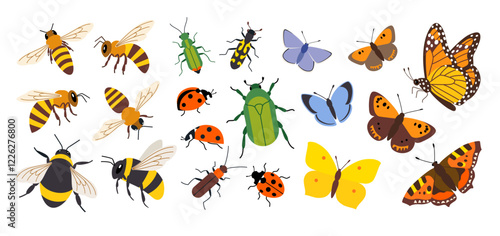 Vector set of insects and pollinators, honey bees, bumblebees, butterflies and beetles isolated on white background