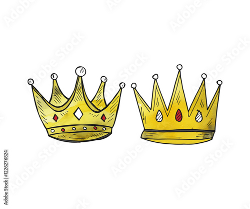 Watercolor hand-drawn yellow crowns with different shape doodle cartoon vector.