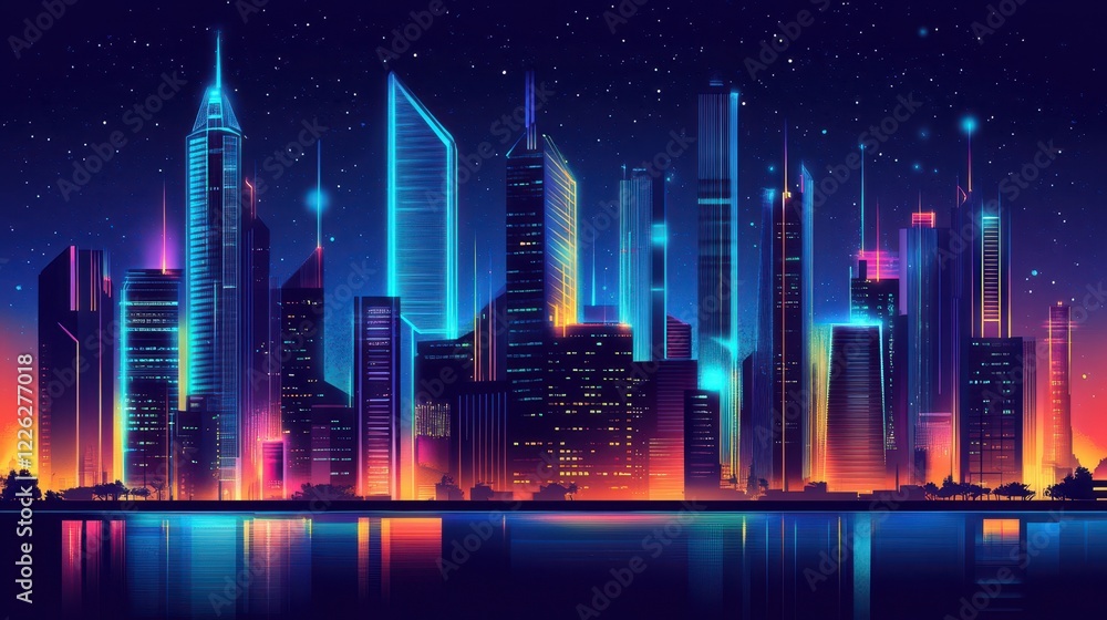 Neon Cityscape Illuminated at Night Reflecting on Water Neon Cityscape Illuminated at Night Reflecting on Water