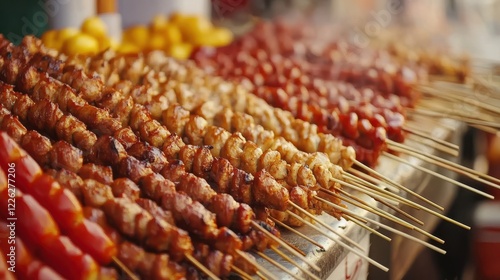 Grilled Meat Skewers and Vegetables Street Food Display