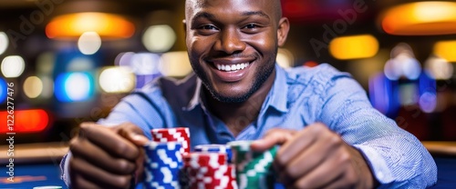 Happy man winning poker chips at casino. Blurred background. Gambling success