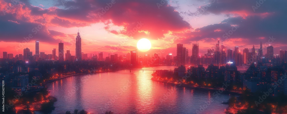 Fototapeta premium Spectacular Sunset over City Skyline at Dusk