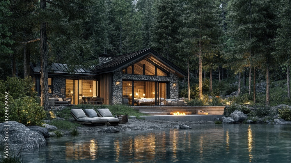 Stone cabin nestled in a tranquil forest, illuminated at dusk. Perfect for showcasing luxury vacation rentals, eco-tourism, or peaceful getaways. Stone cabin nestled in a tranquil forest, illuminated at dusk. Perfect for showcasing luxury vacation rentals, eco-tourism, or peaceful getaways.