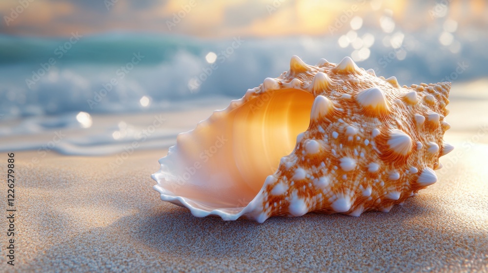 Seashell on Sandy Beach at Sunset Ocean Wave Background Summer Vacation Seashell on Sandy Beach at Sunset Ocean Wave Background Summer Vacation