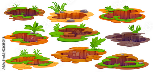 Cartoon ground holes, deep dirty pits and burrows surrounded by greenery, rocks, and different types of soil, showcasing natural landscapes. Isolated vector land excavation or cavity, muddy crevices