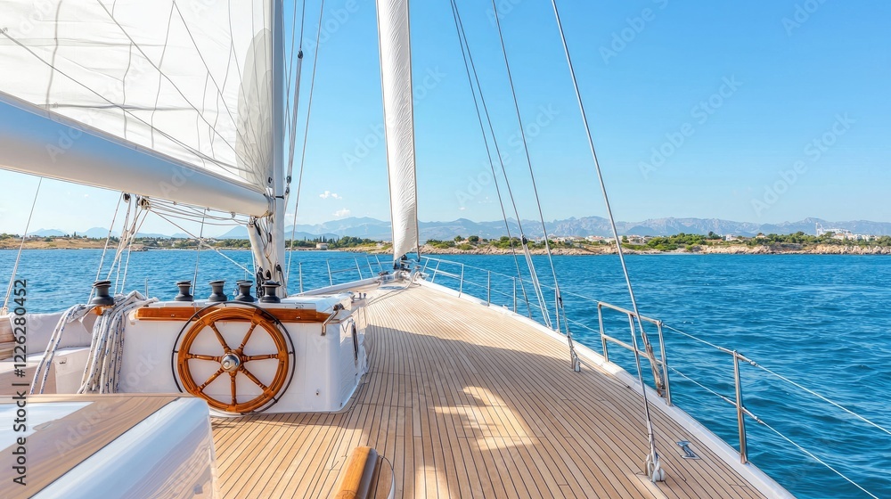 Fototapeta premium Wooden deck of a luxury sailing yacht cruising on the calm blue ocean under a clear sky during a sunny day.