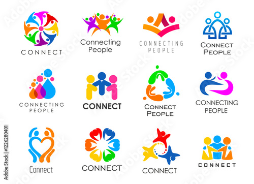 Community connect people together icons, union and family, teamwork and support vector symbols. Abstract color human silhouettes holding hands, hugging, making heart, circle and flower shapes