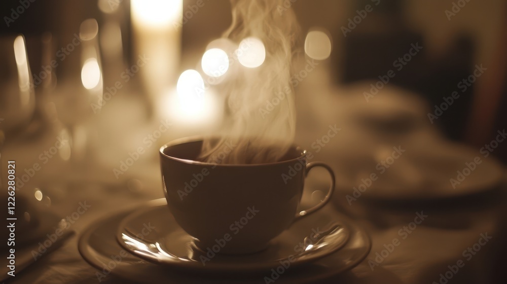 Warm Cup of Coffee Steaming in Cozy Evening Ambiance with Candles Warm Cup of Coffee Steaming in Cozy Evening Ambiance with Candles