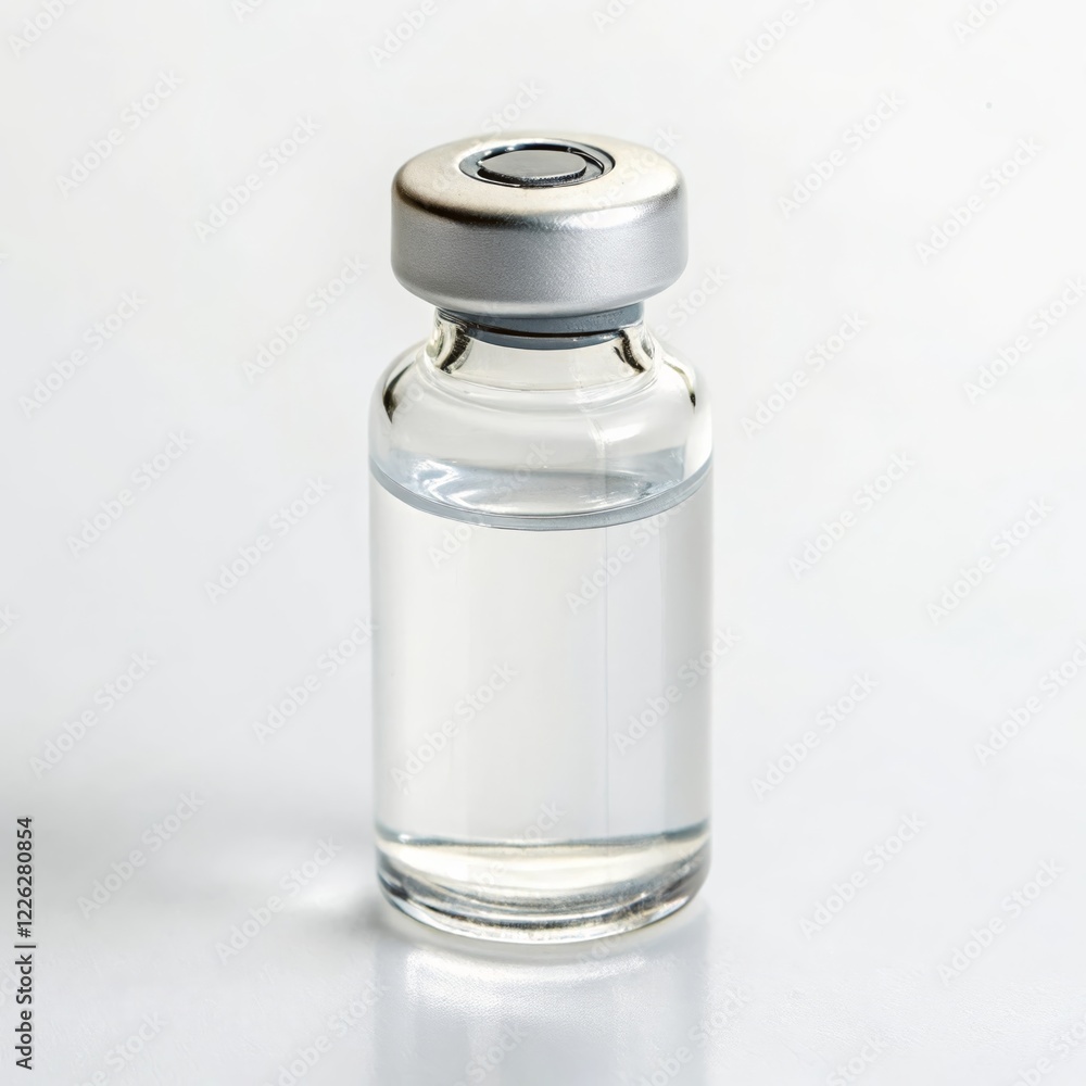 Clear Vaccine Vial on White Background - A clear glass vial filled with liquid, featuring a silver screw cap, positioned on a white background. Clear Vaccine Vial on White Background - A clear glass vial filled with liquid, featuring a silver screw cap, positioned on a white background.