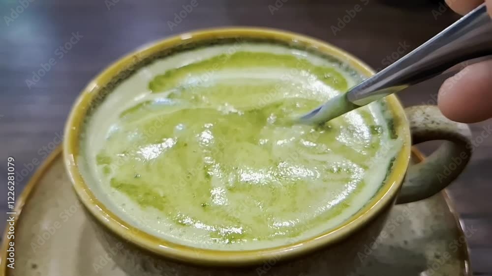 Gently swirl the velvety foam of a hot matcha latte with a delicate spoon in slow, circular motions. Gently swirl the velvety foam of a hot matcha latte with a delicate spoon in slow, circular motions.