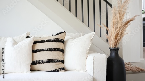 Beige and Black Striped Pillow on White Sofa
