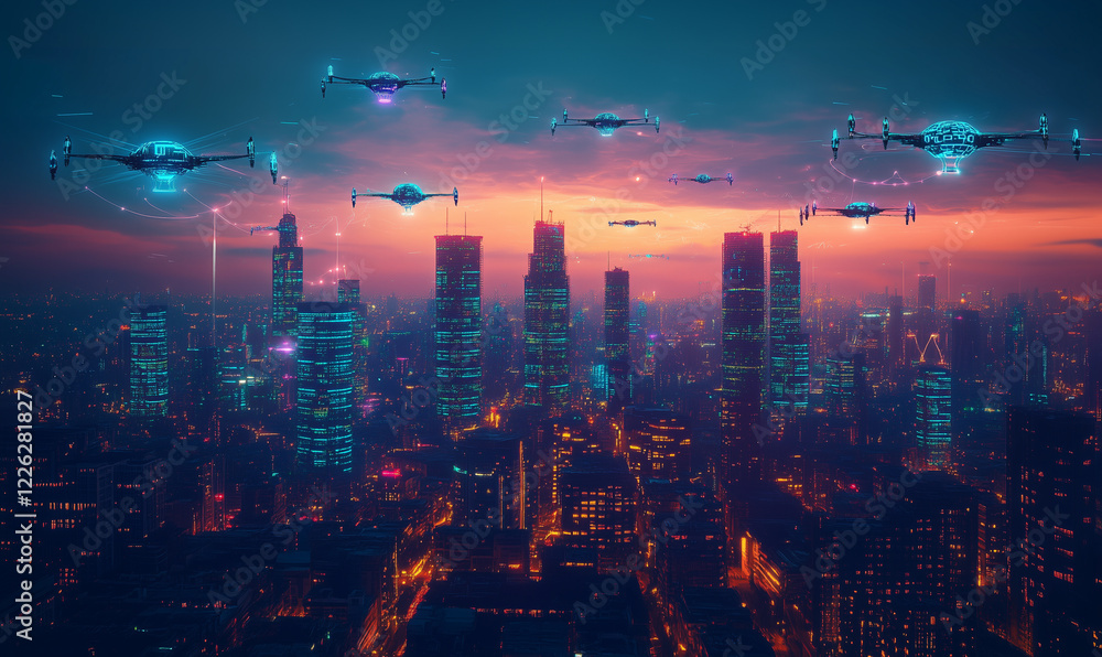 Drones navigate a vibrant city skyline during twilight with glowing lights and modern architecture Drones navigate a vibrant city skyline during twilight with glowing lights and modern architecture