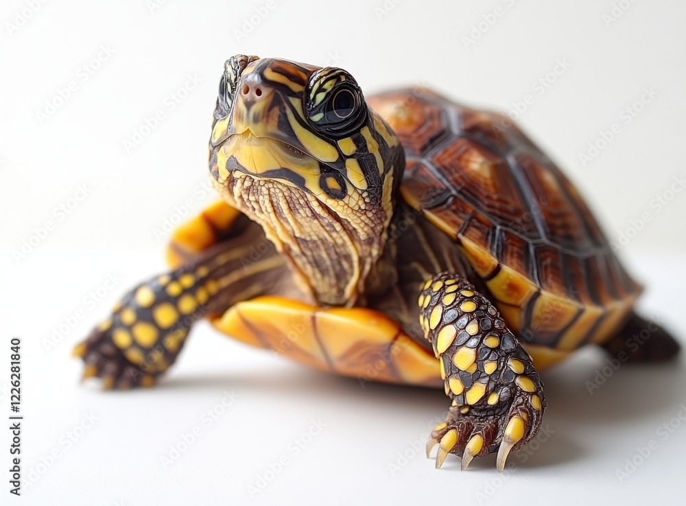 Close-Up View of a Colorful Turtle with Intricate Patterns and Textures on its Shell and Skin in a Studio Setting Close-Up View of a Colorful Turtle with Intricate Patterns and Textures on its Shell and Skin in a Studio Setting