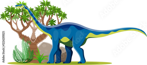 Quaesitosaurus prehistoric dinosaur cartoon character. Isolated vector colorful dino at lush landscape with vibrant ferns, tropical tree and rocks, depicting a lively and natural habitat for dinosaur