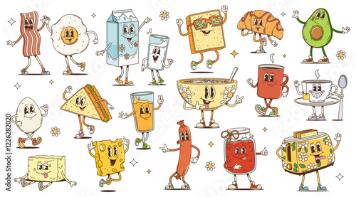 Retro cartoon groovy breakfast characters. Funny psychedelic drink and food personages with happy smiling faces. Hippy breakfast coffee, croissant, toast, egg and bacon, groovy sandwich, milk, cereals