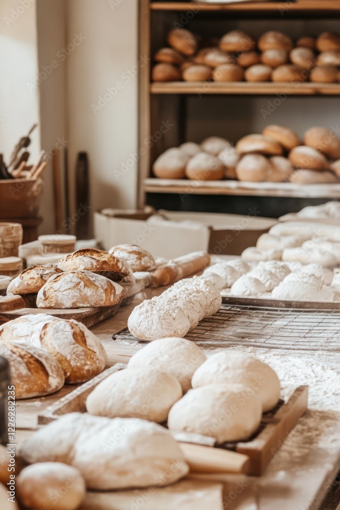 Artisan Bakery Display with Freshly Baked Bread and Rolls on Wooden Shelves Artisan Bakery Display with Freshly Baked Bread and Rolls on Wooden Shelves