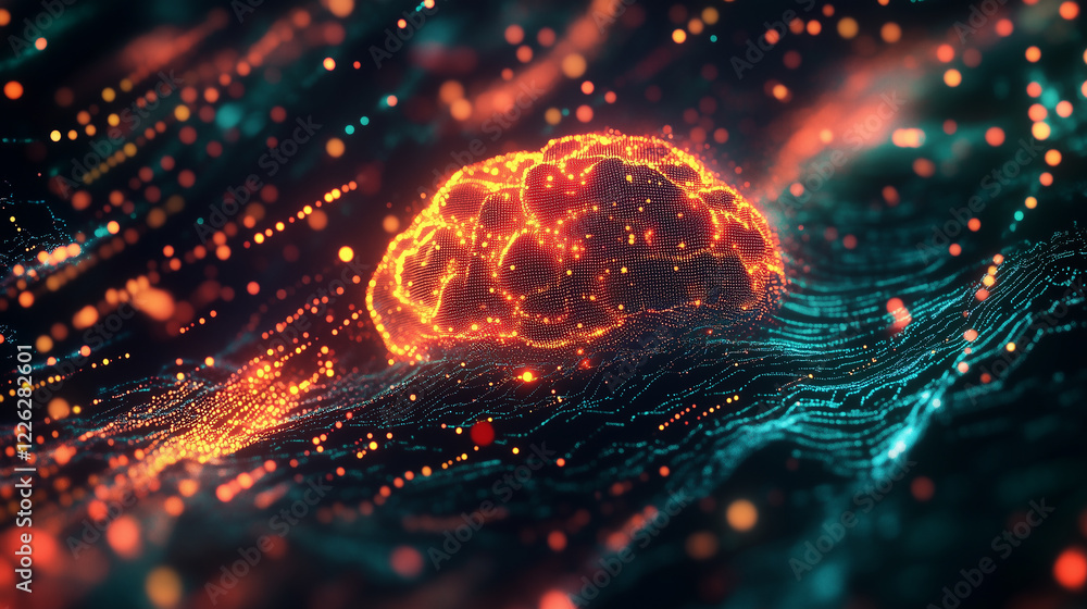 Digital representation of a brain surrounded by luminous particles illustrates artificial intelligence concepts Digital representation of a brain surrounded by luminous particles illustrates artificial intelligence concepts