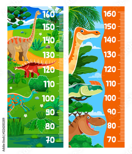 Kids height chart ruler with funny dinosaur characters. Vector growth meter, wall sticker for children height measurement with cartoon dino species in lush jungle forest landscape and centimeter scale