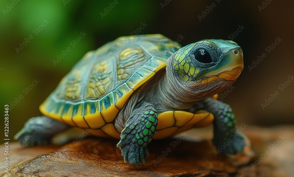 Colorful turtle on a rock, showcasing intricate shell patterns and vibrant colors in a natural setting, evoking a sense of wonder and tranquility. Colorful turtle on a rock, showcasing intricate shell patterns and vibrant colors in a natural setting, evoking a sense of wonder and tranquility.