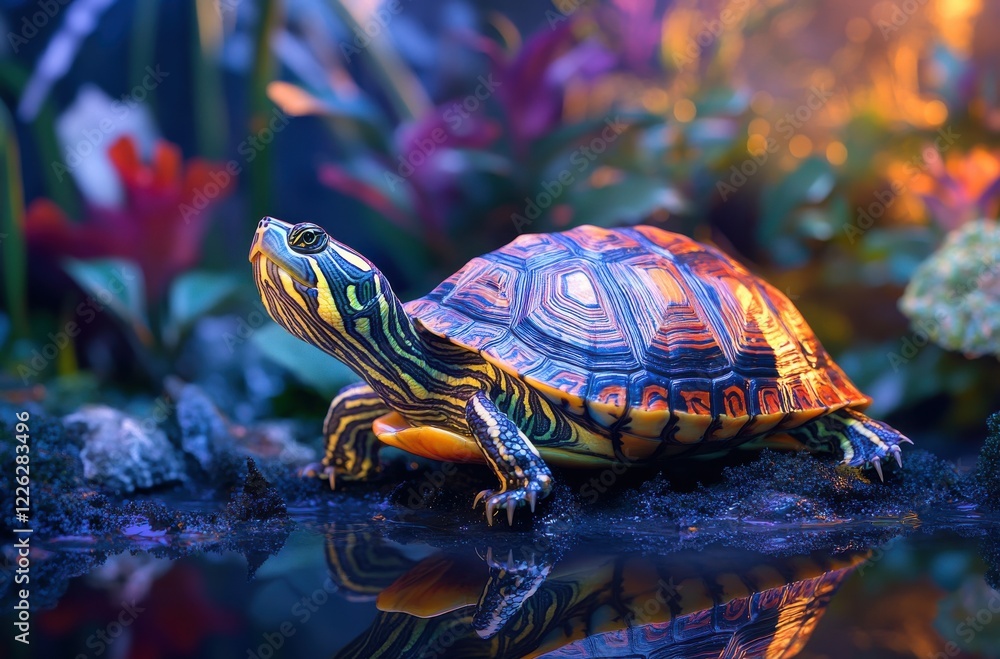 Obraz premium Colorful Turtle on Shoreline with Reflections in Calm Water Surrounded by Lush Greenery and Vibrant Tropical Flora in a Nature Setting