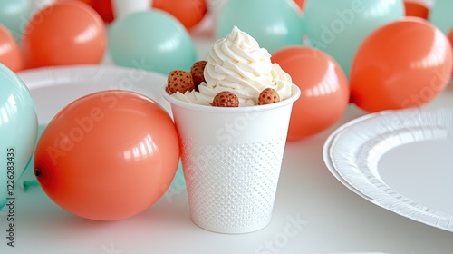 A festive scene featuring a whipped cream dessert in a cup surrounded by balloons and plates. photo