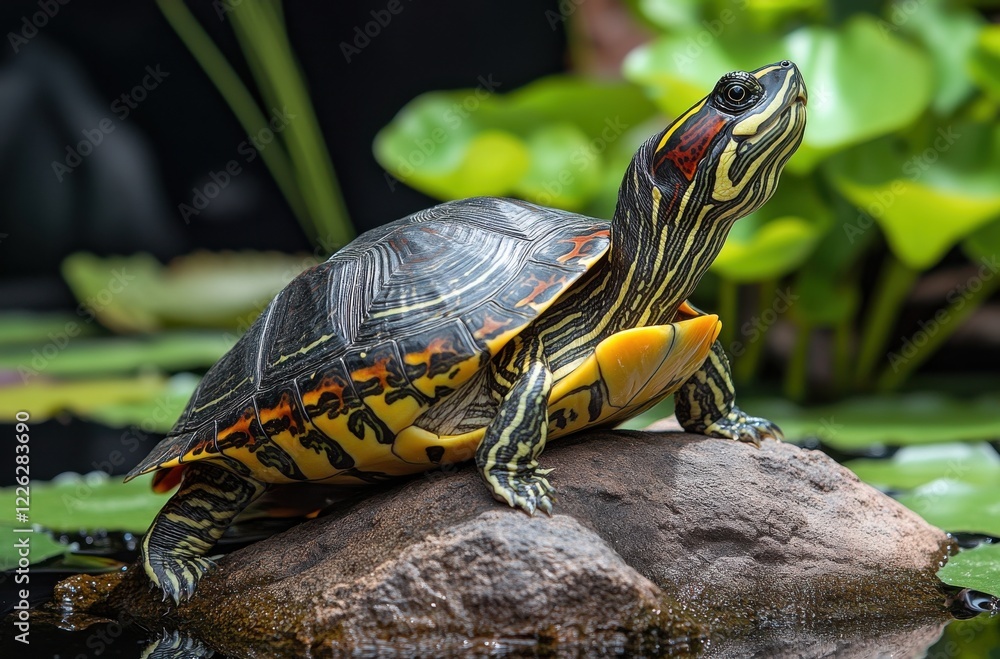 Colorful turtle perched on a rock in a serene pond surrounded by lush green lily pads and gentle reflections in calm water Colorful turtle perched on a rock in a serene pond surrounded by lush green lily pads and gentle reflections in calm water