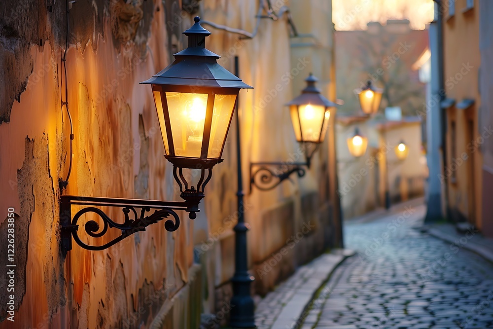 A charming cobblestone street at dusk, lined with antique gas lamps casting a warm glow on aged buildings. The scene evokes a sense of history and tranquility. A charming cobblestone street at dusk, lined with antique gas lamps casting a warm glow on aged buildings. The scene evokes a sense of history and tranquility.