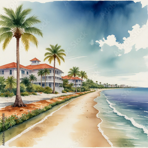 watercolor illustration of Marco Island, Florida’s pristine Tigertail Beach.  photo