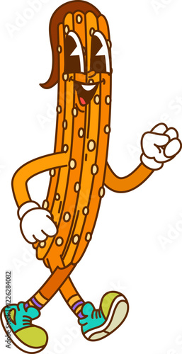 Groovy churro or retro cartoon hippie fast food character, vector funny dessert. Groovy churro with happy smile, chocolate hair and laughing as psychedelic funky fast food character in hipster shoes