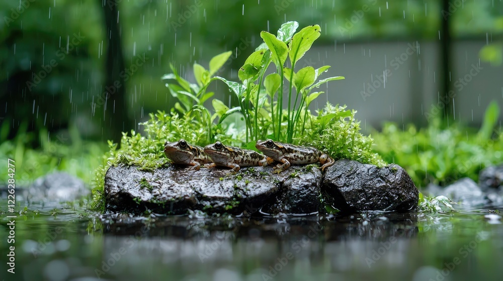 Three frogs on rock, rain, lush greenery, tranquil garden scene, nature photography Three frogs on rock, rain, lush greenery, tranquil garden scene, nature photography
