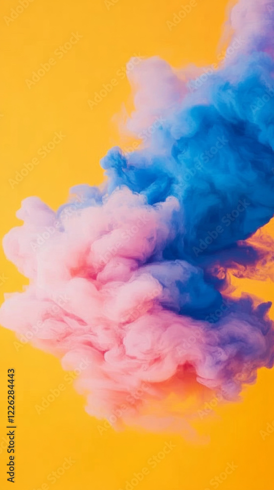 Fototapeta premium Colorful clouds of pink and blue smoke on vibrant yellow background