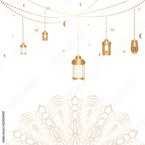 Ramadan Kareem background with hanging lanterns, stars, and crescent moon