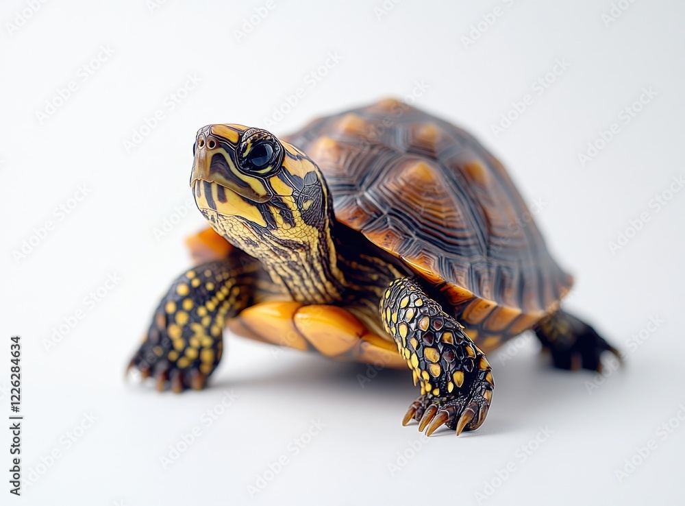 Obraz premium Colorful turtle with intricate shell patterns resting on a white surface, showcasing its vibrant details and features in a natural light setting.