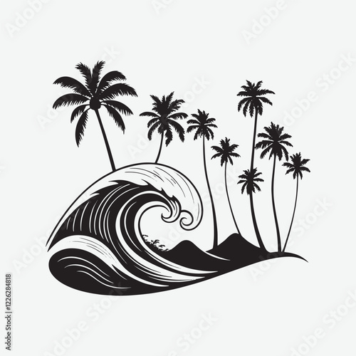 Silhouette Vector of Ocean Waves with Palm Trees  Black & White Design