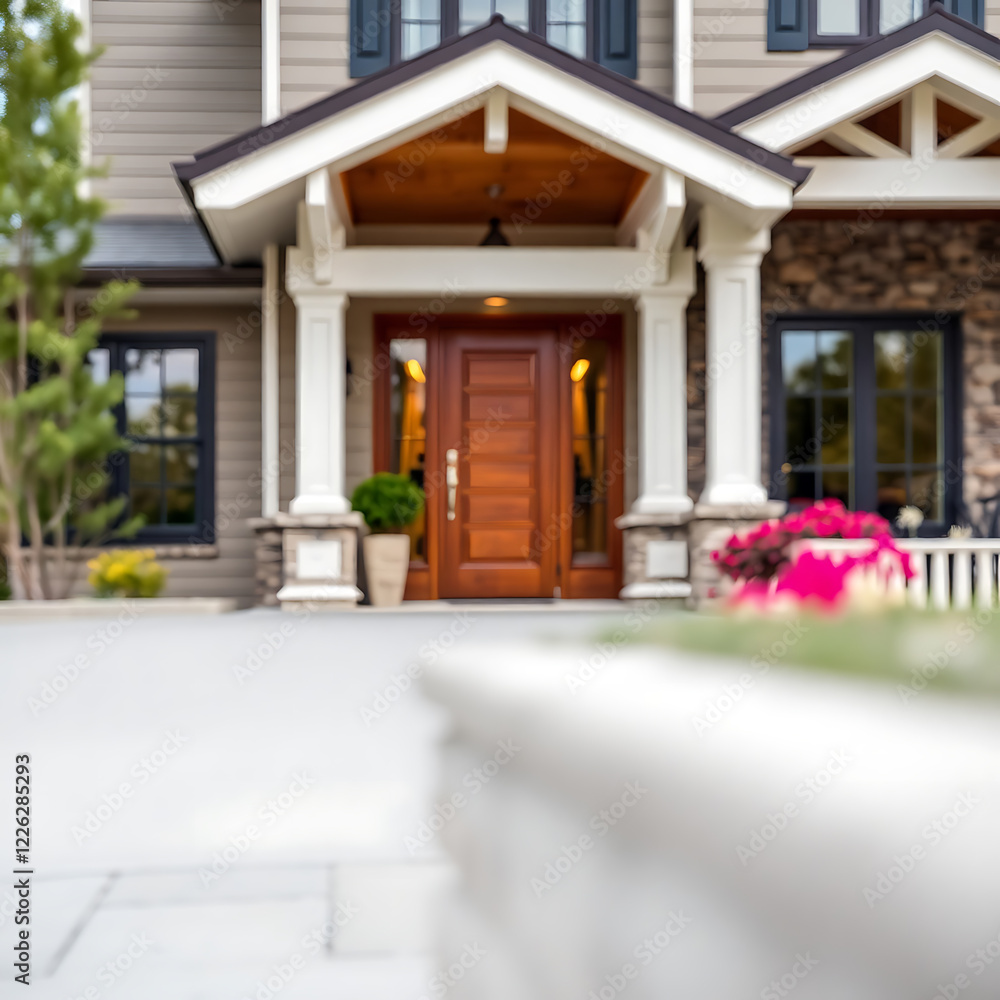 Obraz premium Luxury House Entrance: Modern Architecture and Landscaping Design. High-end residential property with stunning exterior and beautiful landscaping.