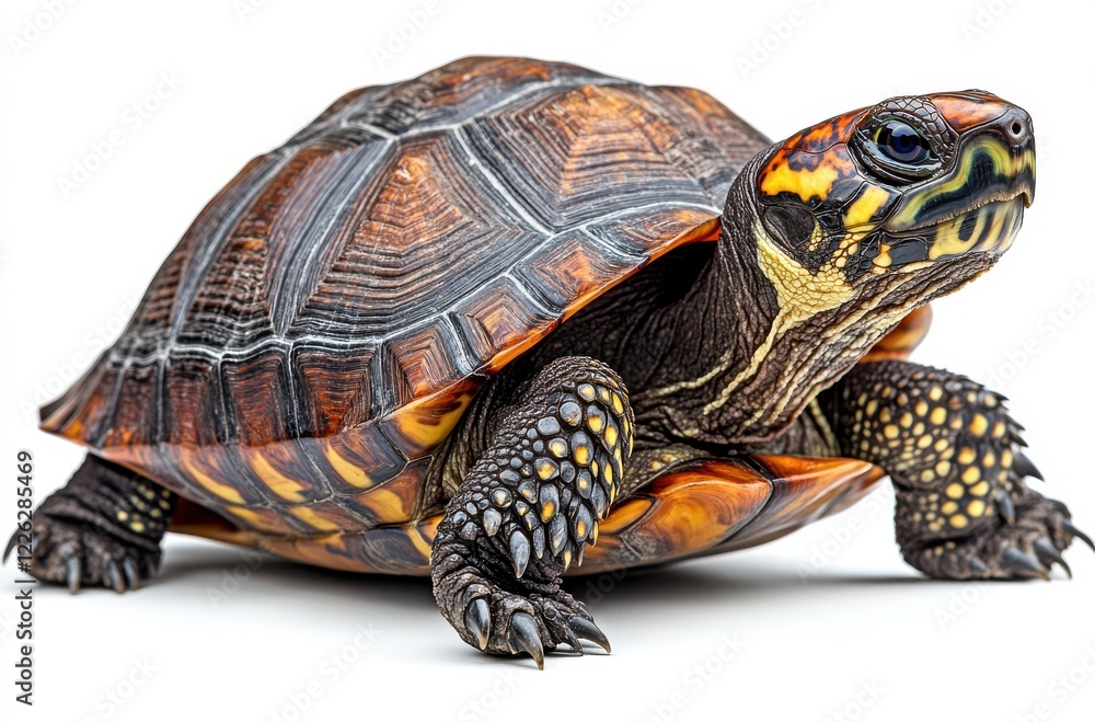 Obraz premium Detailed Close-Up of Colorful Turtle with Intricate Shell Patterns Against Plain Background, Showcasing Nature's Beauty and Wildlife Diversity
