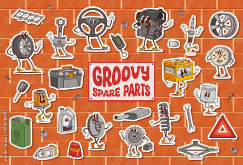 Cartoon groovy car spare parts characters stickers pack. Retro cute auto repair service vector personages. Groovy psychedelic engine, oil, wheel tire and rim, battery, piston, spark plug, speedometer