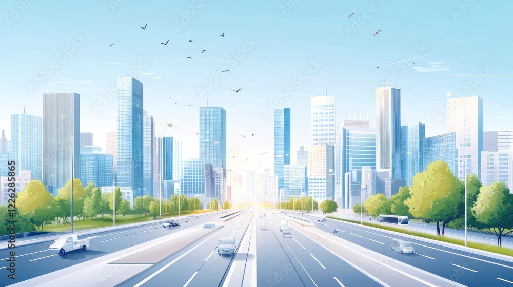 Fototapeta premium Modern city skyline with highway and trees.