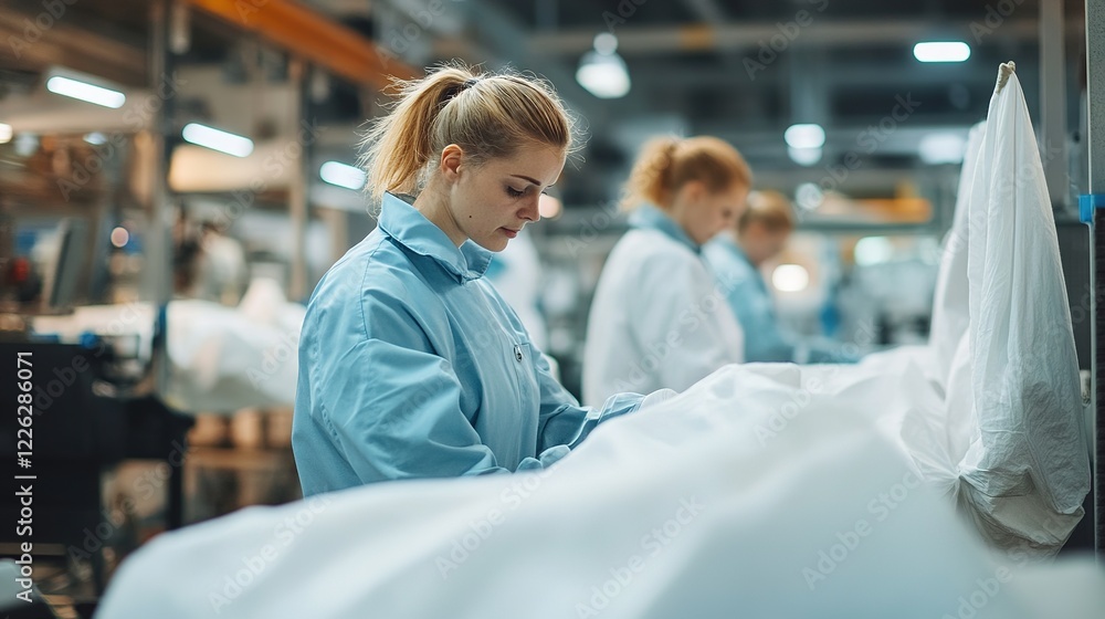 Designers working with advanced textile technology in a factory. Designers working with advanced textile technology in a factory.