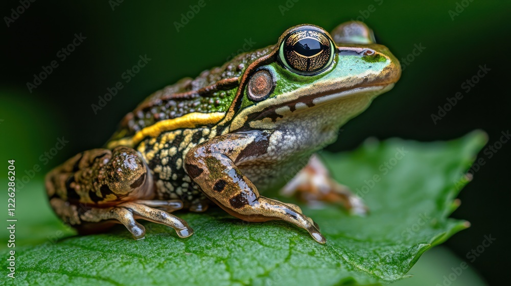 Vibrant green frog perched on a leaf. Vibrant green frog perched on a leaf.