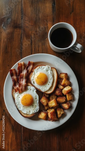 Wallpaper Mural Overhead view of breakfast with coffee, eggs, bacon, and hash browns on a wooden table Torontodigital.ca