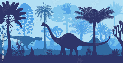 Prehistoric dinosaurs silhouettes in tropical jungle forest with plants. Vector blue background with sauropod and predator dino species alongside with flying pterosaur shadows amidst lush palm trees