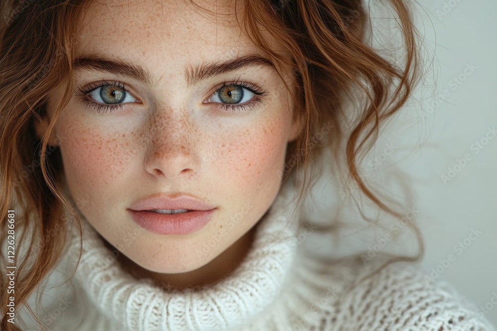Young Woman in Soft Natural Light with Knitted Turtleneck Casual Fashion Portrait Young Woman in Soft Natural Light with Knitted Turtleneck Casual Fashion Portrait