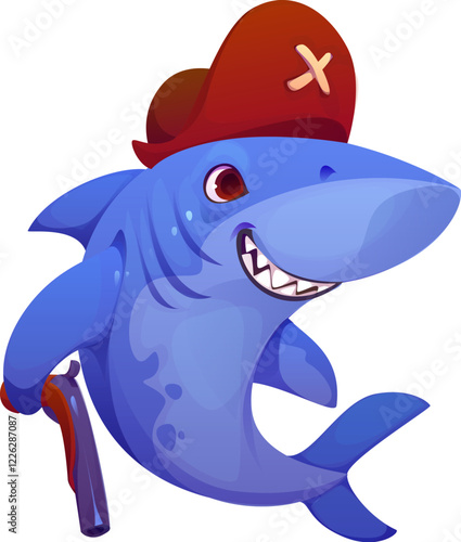 Cartoon funny shark pirate character or Caribbean captain in tricorne hat, vector animal. Angry shark fish character as corsair or pirate with filibuster pistol gun in tricorn hat with crossbones